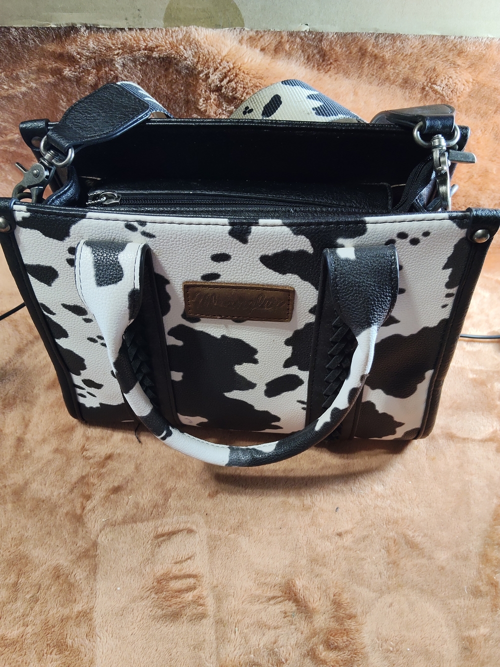 Wrangler Black and White Cow-Print Satchel